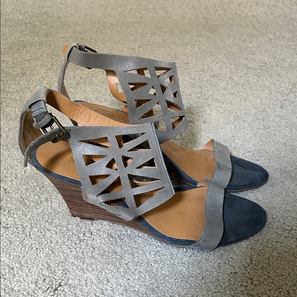 Stylish Gray and Navy Nine West Wedge Sandals